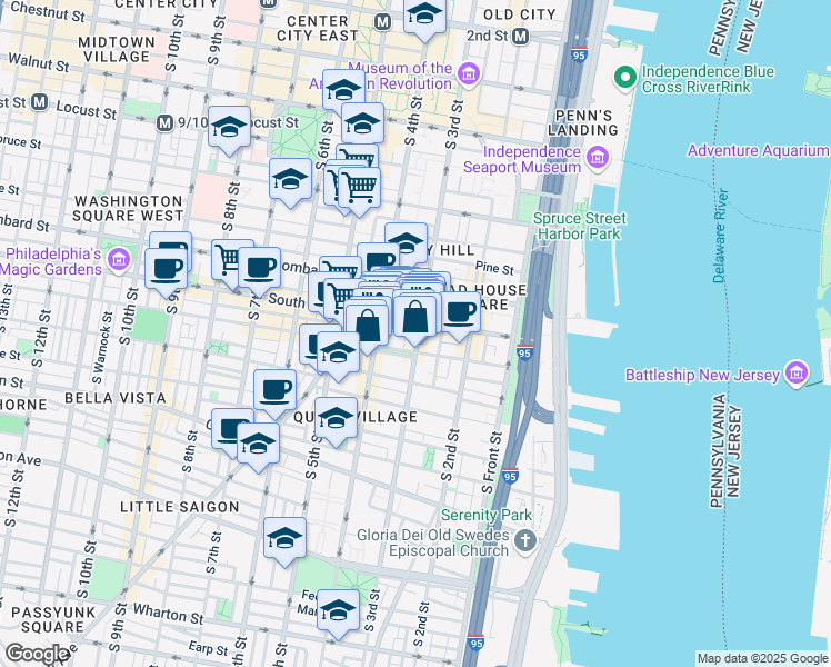 map of restaurants, bars, coffee shops, grocery stores, and more near 610 South 3rd Street in Philadelphia