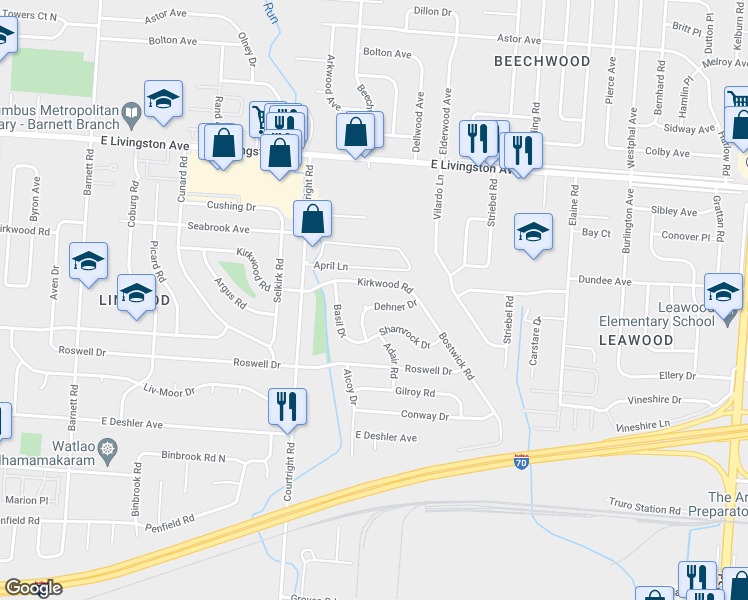 map of restaurants, bars, coffee shops, grocery stores, and more near 3772 Dehner Drive in Columbus