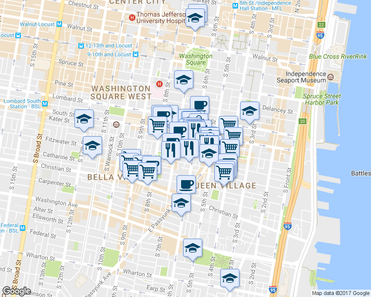 map of restaurants, bars, coffee shops, grocery stores, and more near 624 Bainbridge Street in Philadelphia