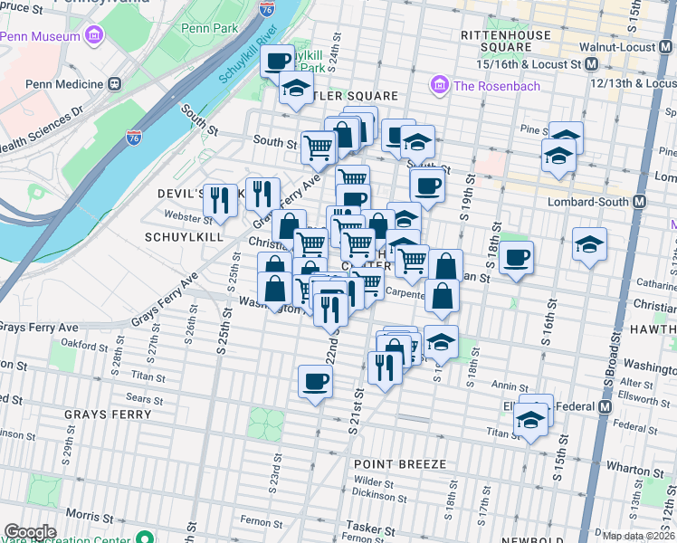 map of restaurants, bars, coffee shops, grocery stores, and more near 2202 Montrose Street in Philadelphia