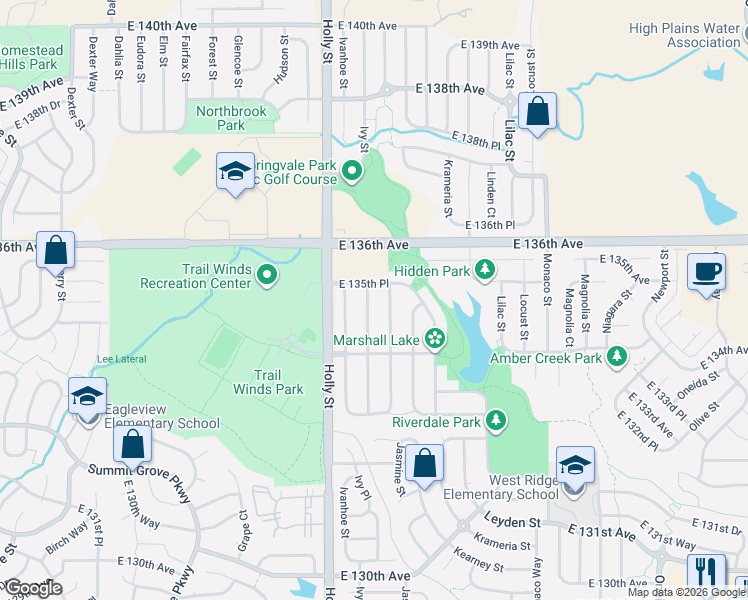 map of restaurants, bars, coffee shops, grocery stores, and more near 13447 Jersey Street in Thornton