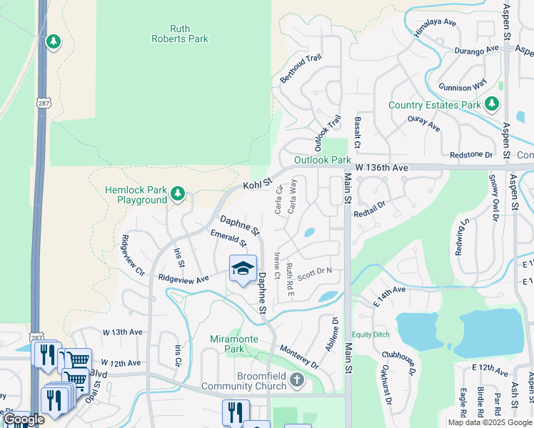 map of restaurants, bars, coffee shops, grocery stores, and more near 68 Carla Way in Broomfield