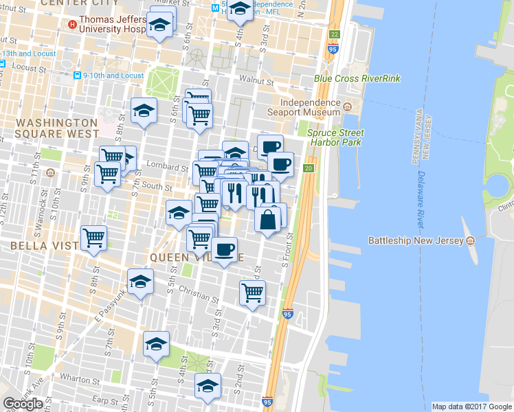 map of restaurants, bars, coffee shops, grocery stores, and more near in Philadelphia