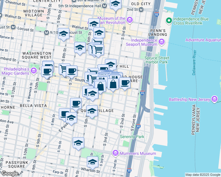 map of restaurants, bars, coffee shops, grocery stores, and more near 310 Bainbridge Street in Philadelphia