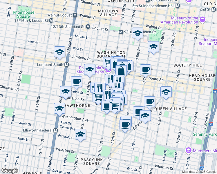 map of restaurants, bars, coffee shops, grocery stores, and more near 753 South 10th Street in Philadelphia