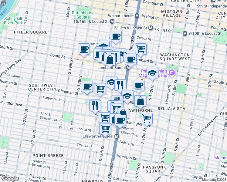 map of restaurants, bars, coffee shops, grocery stores, and more near 814 South 15th Street in Philadelphia
