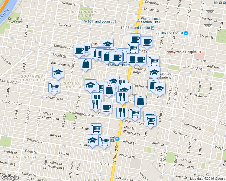 map of restaurants, bars, coffee shops, grocery stores, and more near 814 South 15th Street in Philadelphia