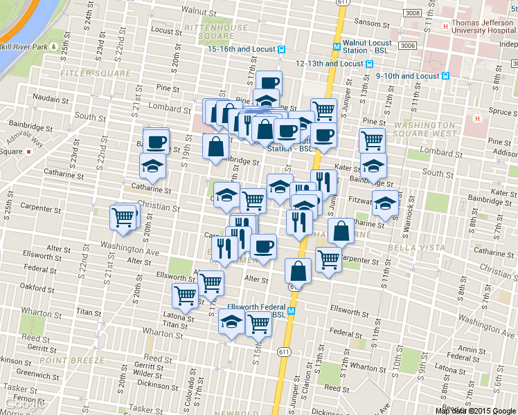 map of restaurants, bars, coffee shops, grocery stores, and more near in Philadelphia