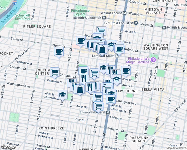 map of restaurants, bars, coffee shops, grocery stores, and more near in Philadelphia