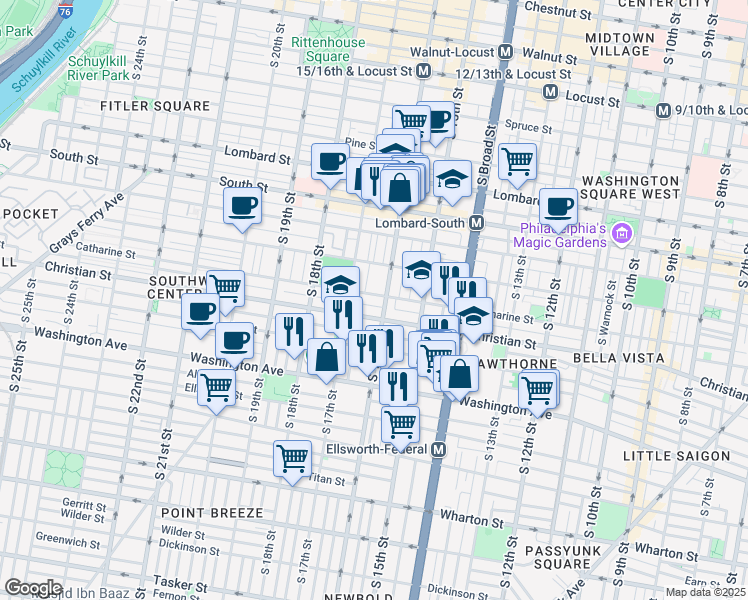 map of restaurants, bars, coffee shops, grocery stores, and more near in Philadelphia