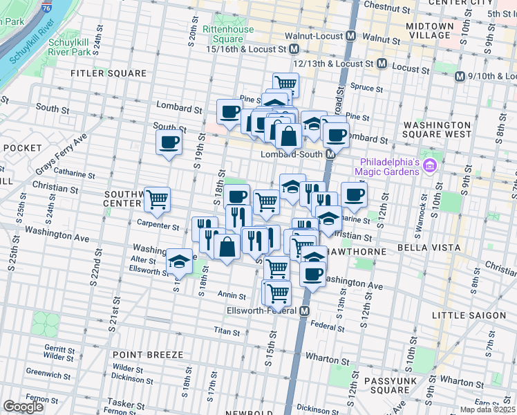 map of restaurants, bars, coffee shops, grocery stores, and more near 1601 Christian Street in Philadelphia