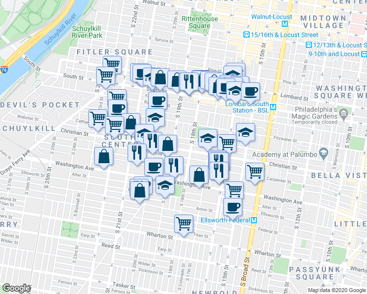map of restaurants, bars, coffee shops, grocery stores, and more near 1829 Montrose Street in Philadelphia