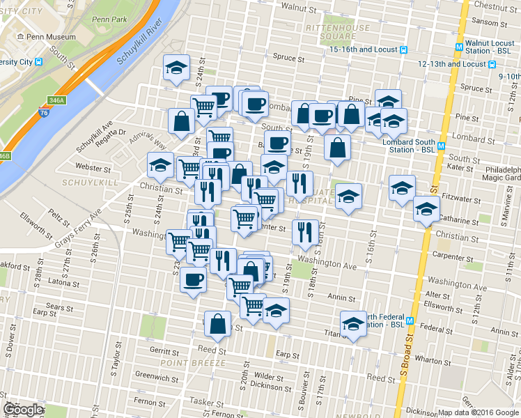 map of restaurants, bars, coffee shops, grocery stores, and more near 2021 Carpenter Street in Philadelphia