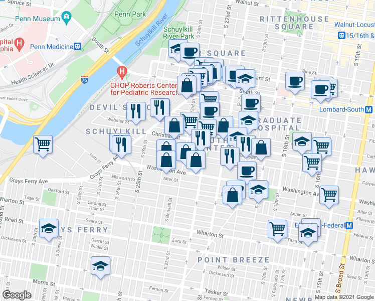map of restaurants, bars, coffee shops, grocery stores, and more near 929 South 23rd Street in Philadelphia