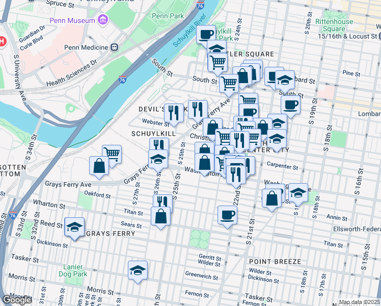 map of restaurants, bars, coffee shops, grocery stores, and more near 2433 Washington Avenue in Philadelphia