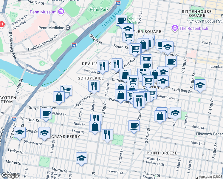 map of restaurants, bars, coffee shops, grocery stores, and more near 2433 Washington Avenue in Philadelphia