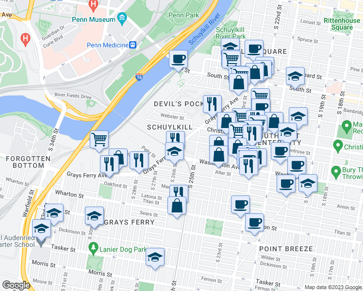map of restaurants, bars, coffee shops, grocery stores, and more near 2544 Graduate Square in Philadelphia