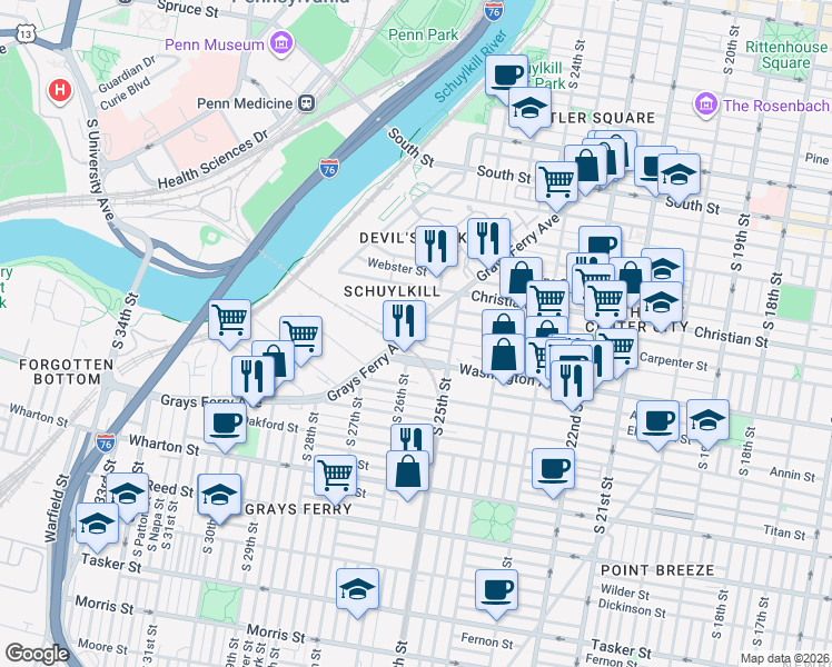 map of restaurants, bars, coffee shops, grocery stores, and more near 2544 Graduate Square in Philadelphia