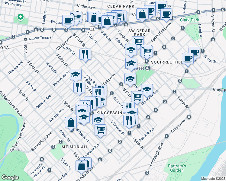 map of restaurants, bars, coffee shops, grocery stores, and more near 5311 Chester Avenue in Philadelphia