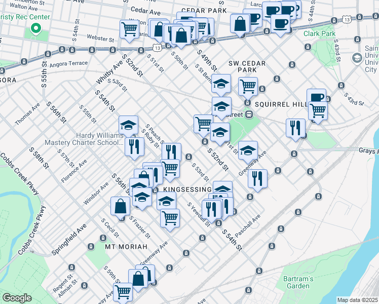 map of restaurants, bars, coffee shops, grocery stores, and more near 5311 Chester Avenue in Philadelphia