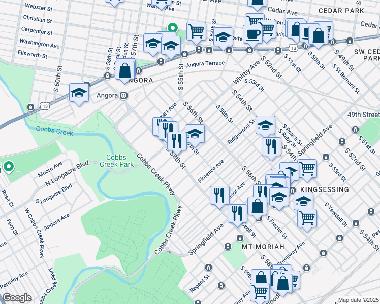 map of restaurants, bars, coffee shops, grocery stores, and more near 5711 Willows Avenue in Philadelphia