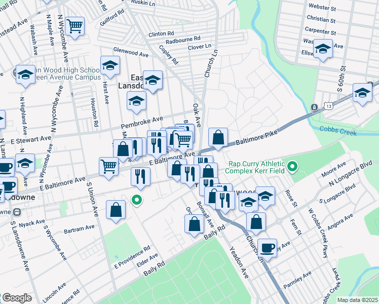 map of restaurants, bars, coffee shops, grocery stores, and more near in Delaware County