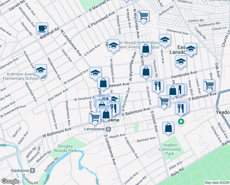 map of restaurants, bars, coffee shops, grocery stores, and more near 37 East Lacrosse Avenue in Lansdowne