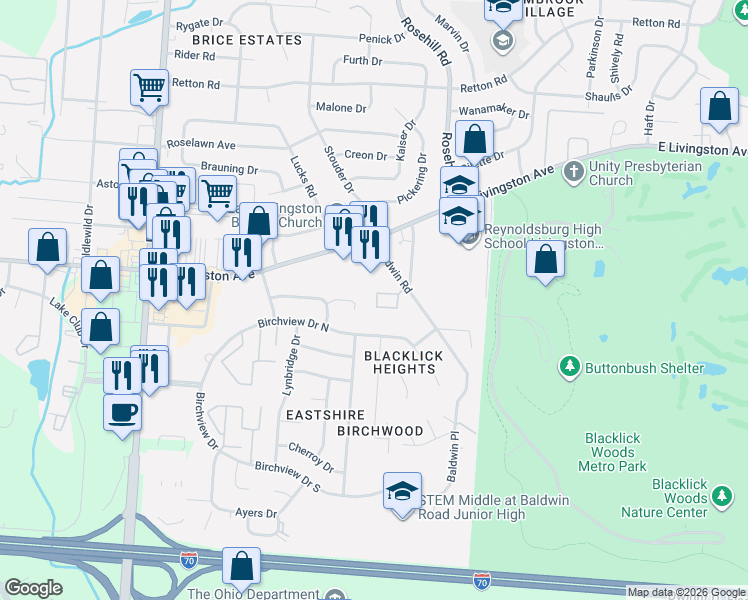 map of restaurants, bars, coffee shops, grocery stores, and more near 6565 Santa Cruz Place in Reynoldsburg