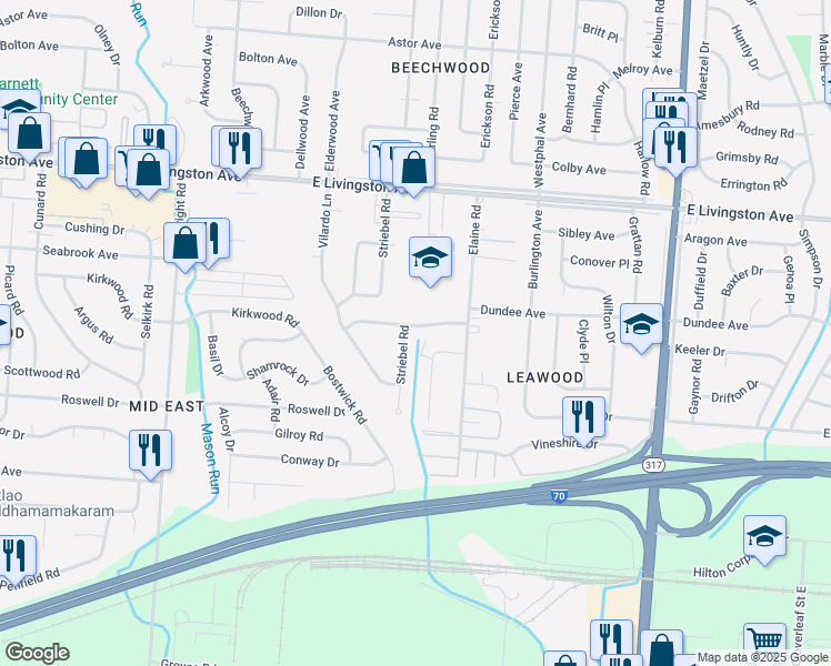 map of restaurants, bars, coffee shops, grocery stores, and more near 1627 Striebel Road in Columbus