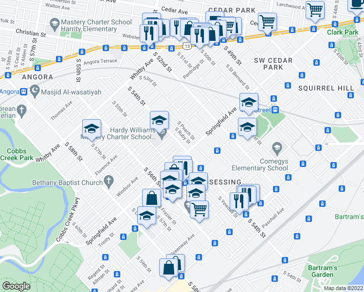 map of restaurants, bars, coffee shops, grocery stores, and more near S 54th St & Belmar Terrace in Philadelphia
