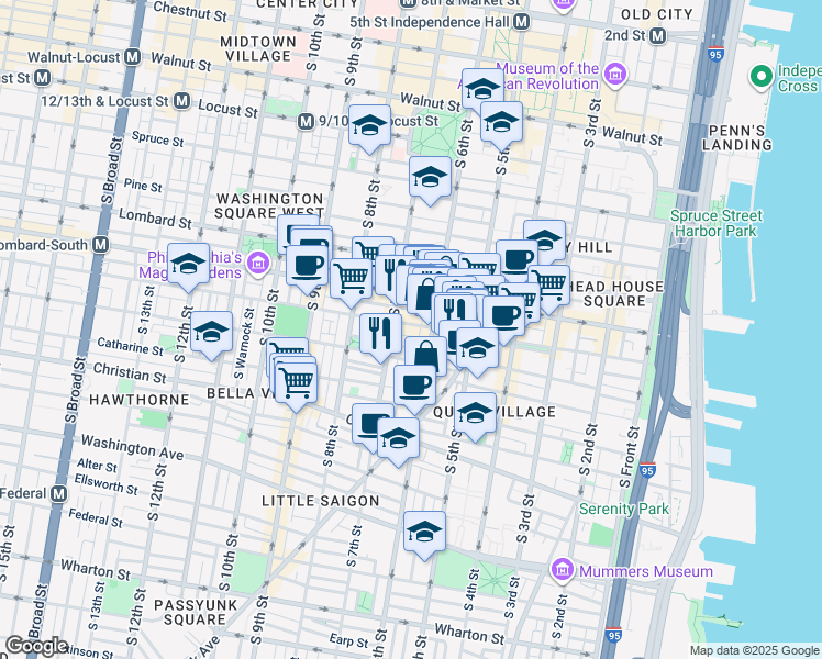 map of restaurants, bars, coffee shops, grocery stores, and more near 624 Bainbridge Street in Philadelphia