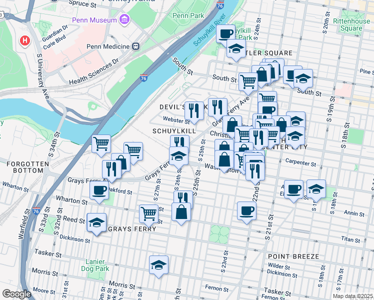 map of restaurants, bars, coffee shops, grocery stores, and more near 2549 Grays Ferry Avenue in Philadelphia