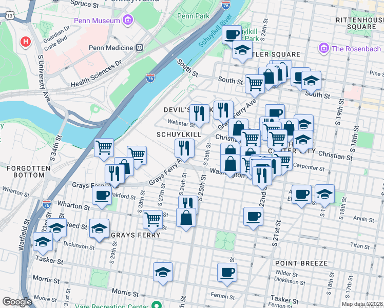 map of restaurants, bars, coffee shops, grocery stores, and more near 2544 Graduate Square in Philadelphia