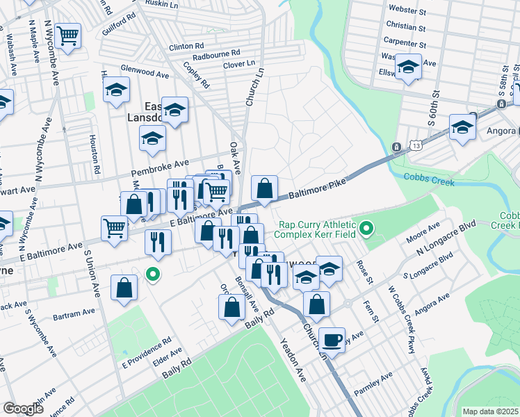 map of restaurants, bars, coffee shops, grocery stores, and more near Baltimore Avenue in Lansdowne