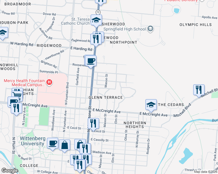 map of restaurants, bars, coffee shops, grocery stores, and more near 367 Ridge Road in Springfield