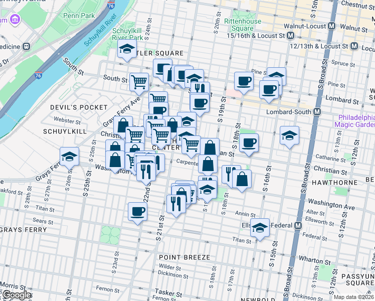 map of restaurants, bars, coffee shops, grocery stores, and more near 2021 Carpenter Street in Philadelphia