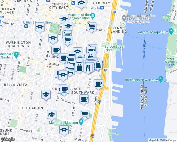 map of restaurants, bars, coffee shops, grocery stores, and more near 212 South Street in Philadelphia