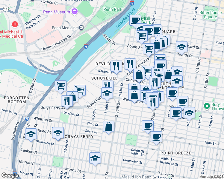 map of restaurants, bars, coffee shops, grocery stores, and more near 2549 Grays Ferry Avenue in Philadelphia