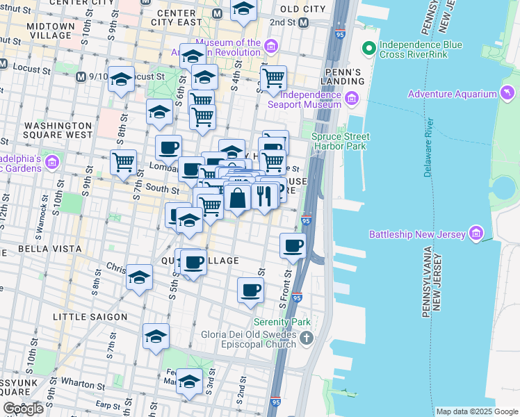 map of restaurants, bars, coffee shops, grocery stores, and more near 220 South Street in Philadelphia