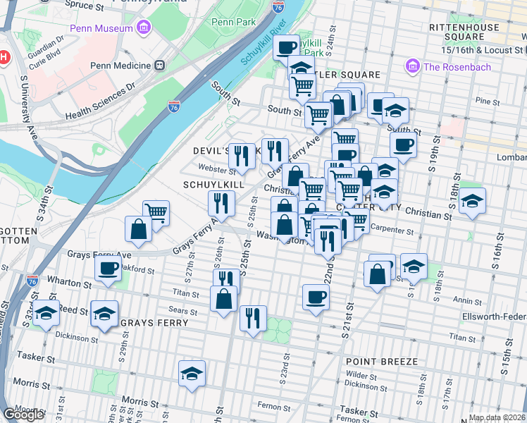 map of restaurants, bars, coffee shops, grocery stores, and more near 2433 Washington Avenue in Philadelphia