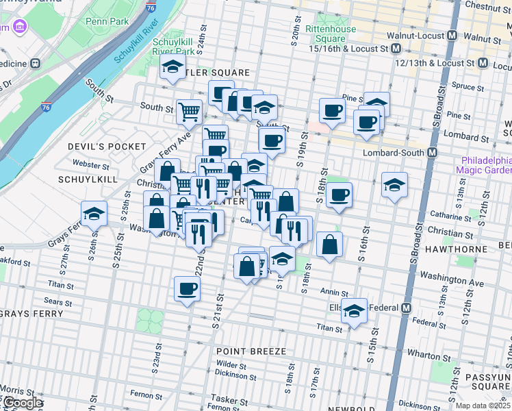 map of restaurants, bars, coffee shops, grocery stores, and more near 2016 Christian Street in Philadelphia