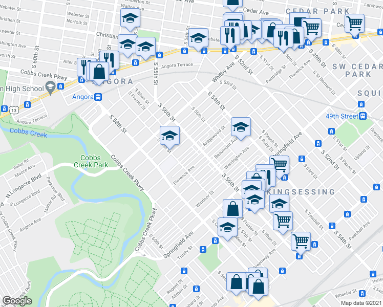 map of restaurants, bars, coffee shops, grocery stores, and more near 5623 Ridgewood Street in Philadelphia