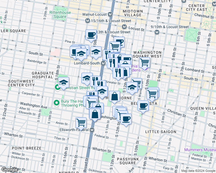map of restaurants, bars, coffee shops, grocery stores, and more near 719 South Park Avenue in Philadelphia