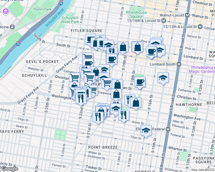 map of restaurants, bars, coffee shops, grocery stores, and more near 1928 Montrose Street in Philadelphia