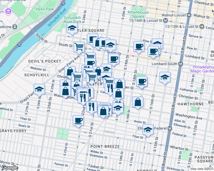 map of restaurants, bars, coffee shops, grocery stores, and more near 2016 Christian Street in Philadelphia