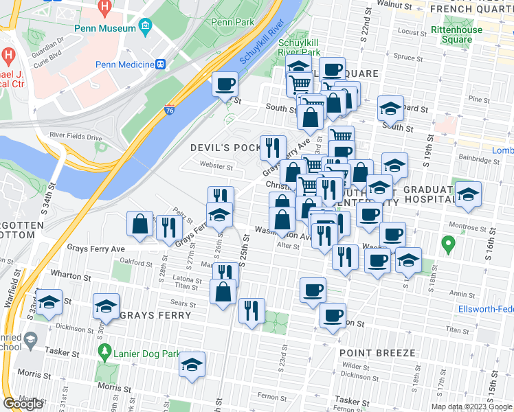 map of restaurants, bars, coffee shops, grocery stores, and more near 2448 Carpenter Street in Philadelphia