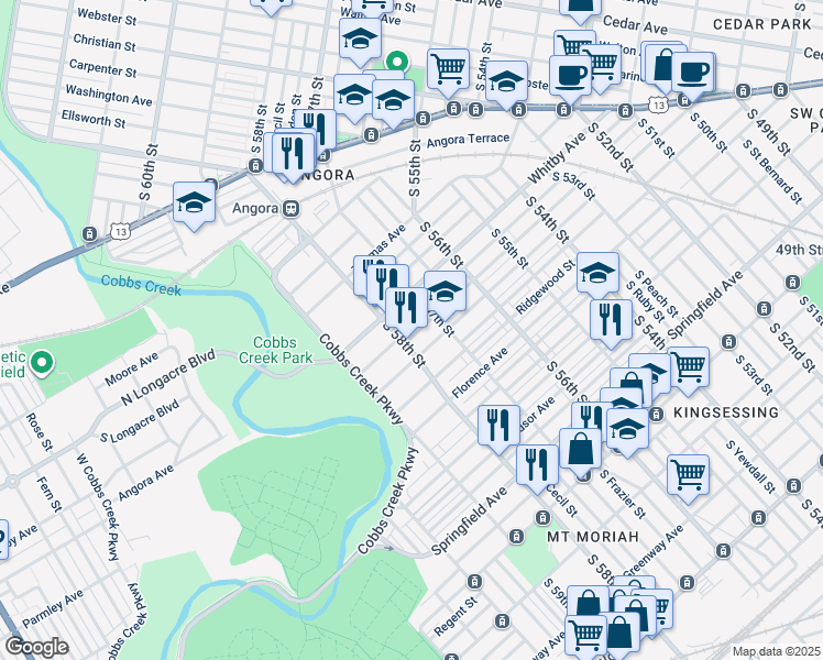 map of restaurants, bars, coffee shops, grocery stores, and more near 5735 Hadfield Street in Philadelphia