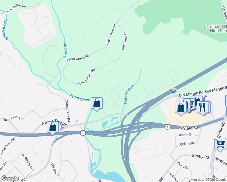 map of restaurants, bars, coffee shops, grocery stores, and more near 107B Jay Alley in Glen Riddle