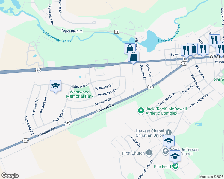 map of restaurants, bars, coffee shops, grocery stores, and more near 598 Crescent Drive in West Jefferson
