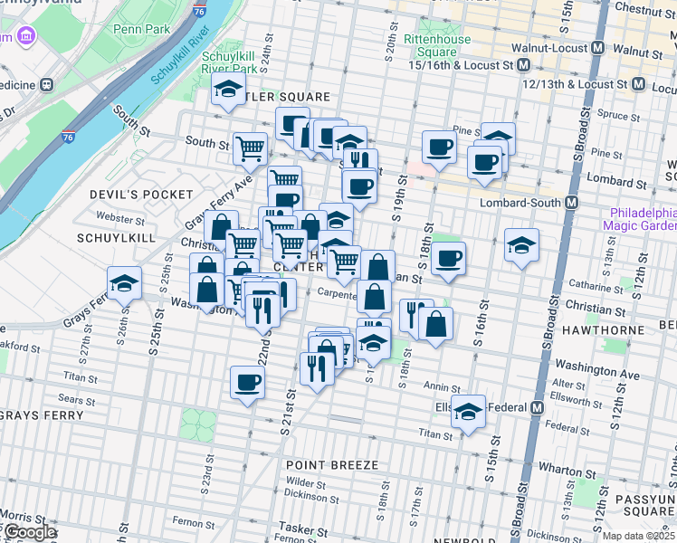 map of restaurants, bars, coffee shops, grocery stores, and more near 2021 Carpenter Street in Philadelphia